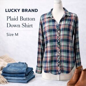 Lucky Brand Plaid Button Down Shirt Green Navy Red Flannel Size M